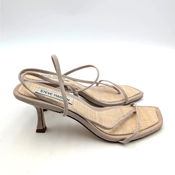 Steve Madden Lock Heel Sandal Open Toe Women's Taupe Raffia Size US7.5M EU38 - Picture 4 of 12